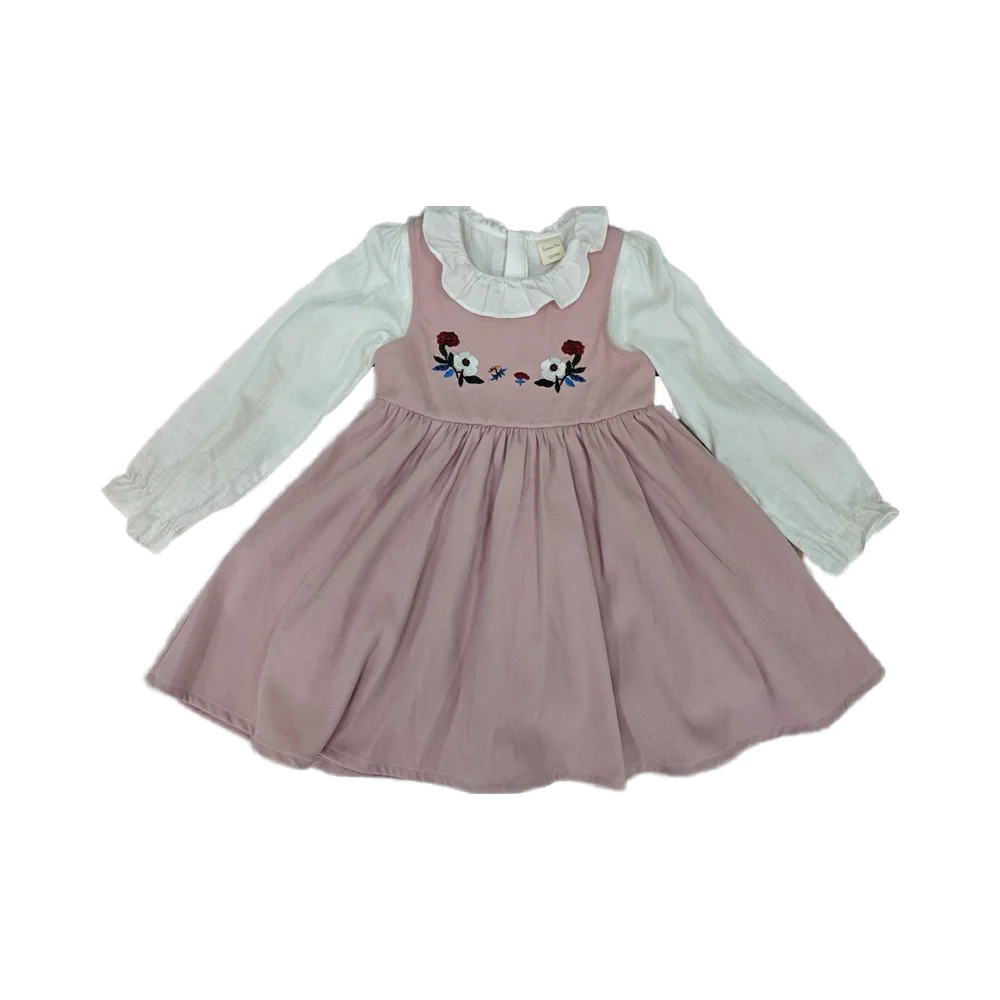 Custom Fashion Cute Girl Dress with Long Sleeves Beautifully Embroidered Flowers and Ruffle Collar for Girl Dress