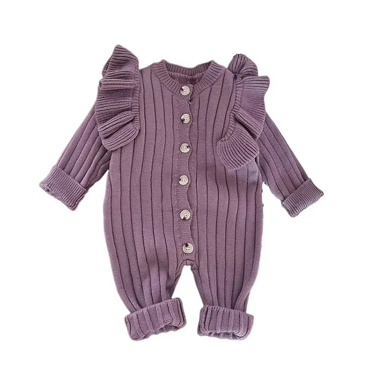 Ready to ship solid color crochet long sleeve soft ruffle baby knit sweater romper jumpsuit