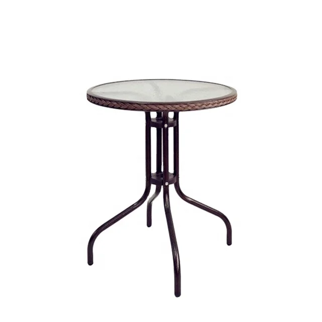 Cheap Tempered Glass Top Bistro Table Balcony Side Coffee Table Round Shape With Rattan Cover
