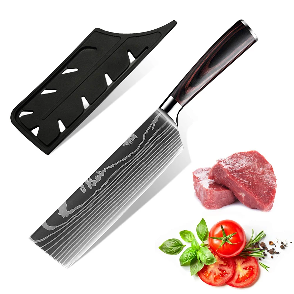 7 inch Stainless Steel Nakiri Knife Damascus Laser Pattern Cleaver knife with Cover