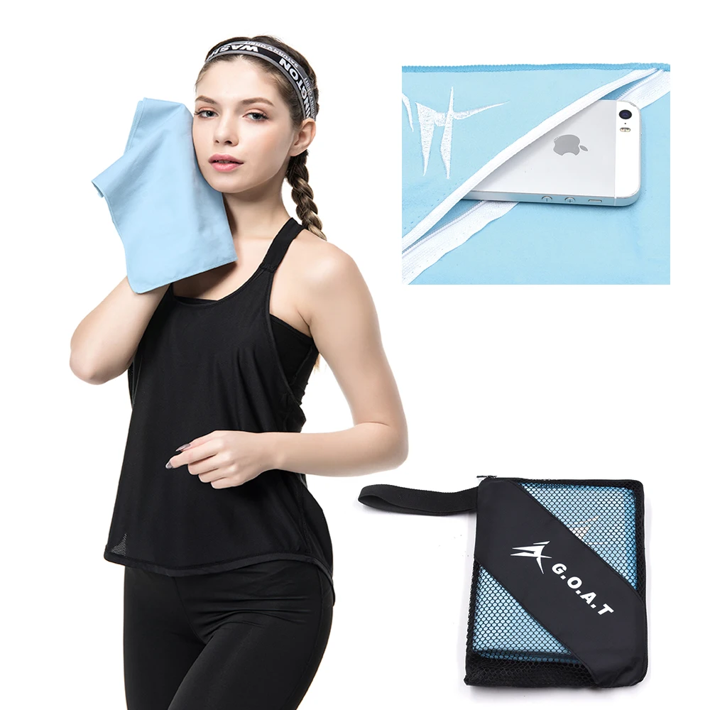 Ready goods 45*80cm towel soft and quick dry light blue microfiber sports towel with zipper pocket