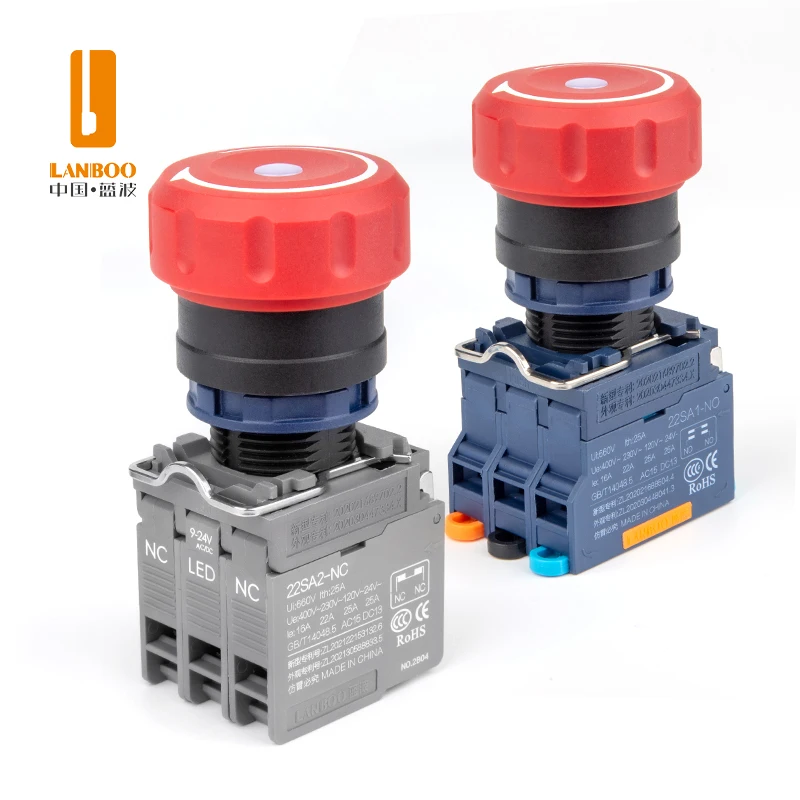 LANBOO SA1/SA2 Plastic Holding Type Emergency Stop Button Switch With Red And Green LED