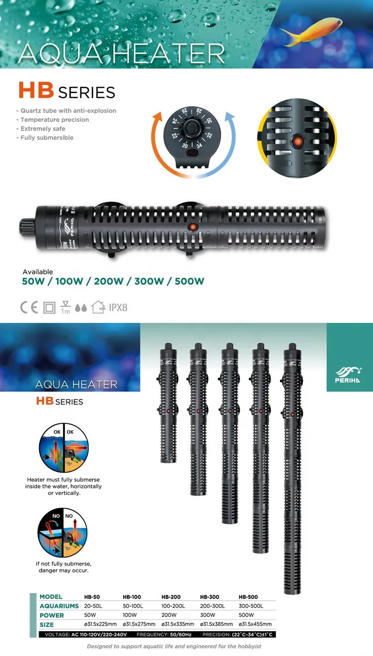 PERIHA  50w 100w 200w 300w 500w Heating rods automatic constant temperature quartz glass aquarium fish tank heater