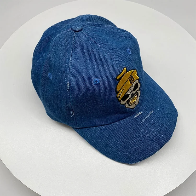 Custom worn out machine embroidery dark blue jean dad hat baseball cap