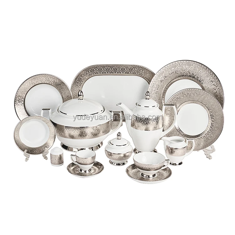 chaozhou factory custom design luxury modern sliver/gold plated wholesale dinner sets ceramic dinnerware