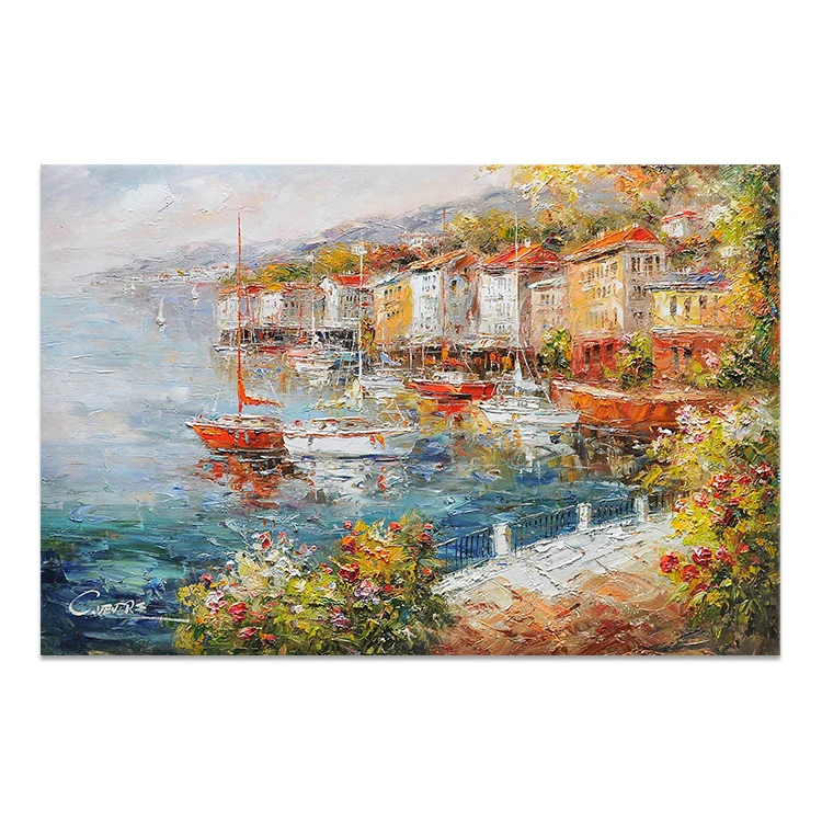 Wholesale 3D Thick Paint Palette Knife Impressional Coastal Canvas Art Mediterranean Sea Scenery Painting