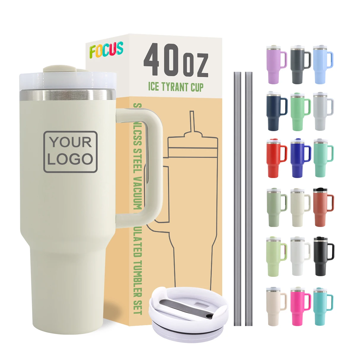 Custom Logo Off-white  40 oz Stainless Steel Vacuum Insulated Metal Cup Travel Mugs Teal Coffee Mug 40oz Tumbler With Handle