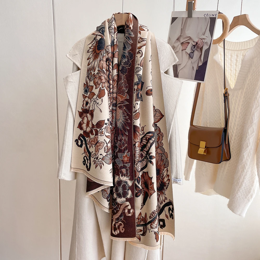 High quality Winter printed flower designer pashmina Acrylic thick knitted scarf cashmere scarfs for women stylish