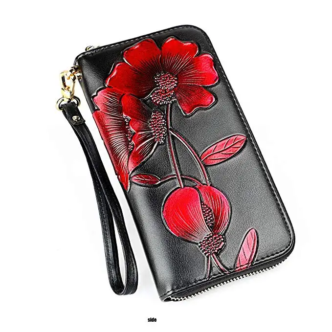 Women grain cowhide Wallet Hand  beautiful design Painted Flowers Ladies Wristlet Wrist strap Long Purse