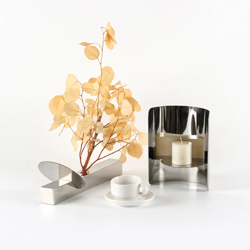 Luxury Silver Stainless Steel Mirror Flower Vase Home Decor Metal Vase with Artificial Floral Fragrance Tea Cup Combination