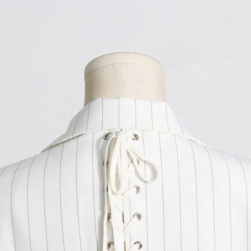 OUDINA New Fashionable Ladies Suit Jacket Lace-up Design Waist Striped Slimming Women Blazer