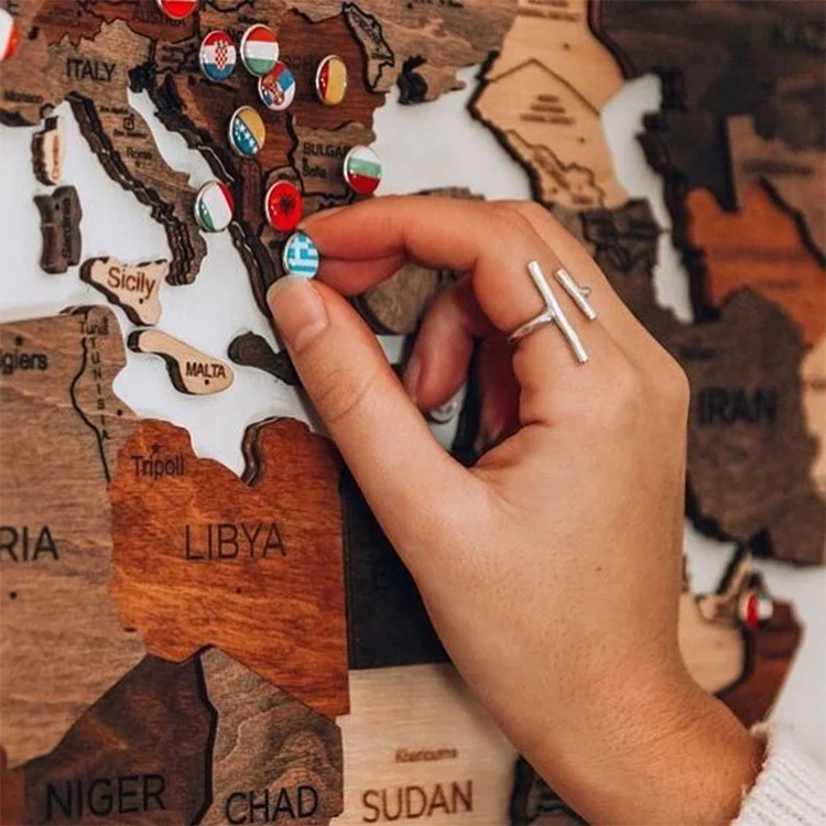 OEM Modern Wooden World Map 3D Art Large Wall Decor Diy Wooden Travel Push Pin Map