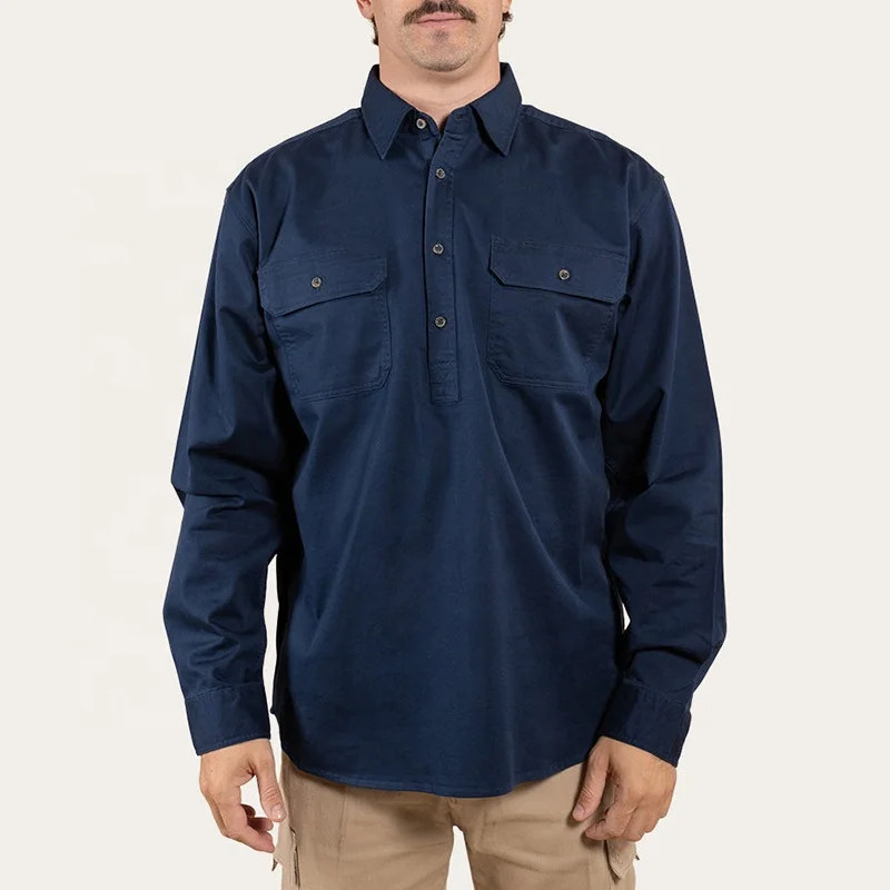 Solid color workwear long sleeve custom logo heavy duty 100% cotton farmer work shirt mens country shirt