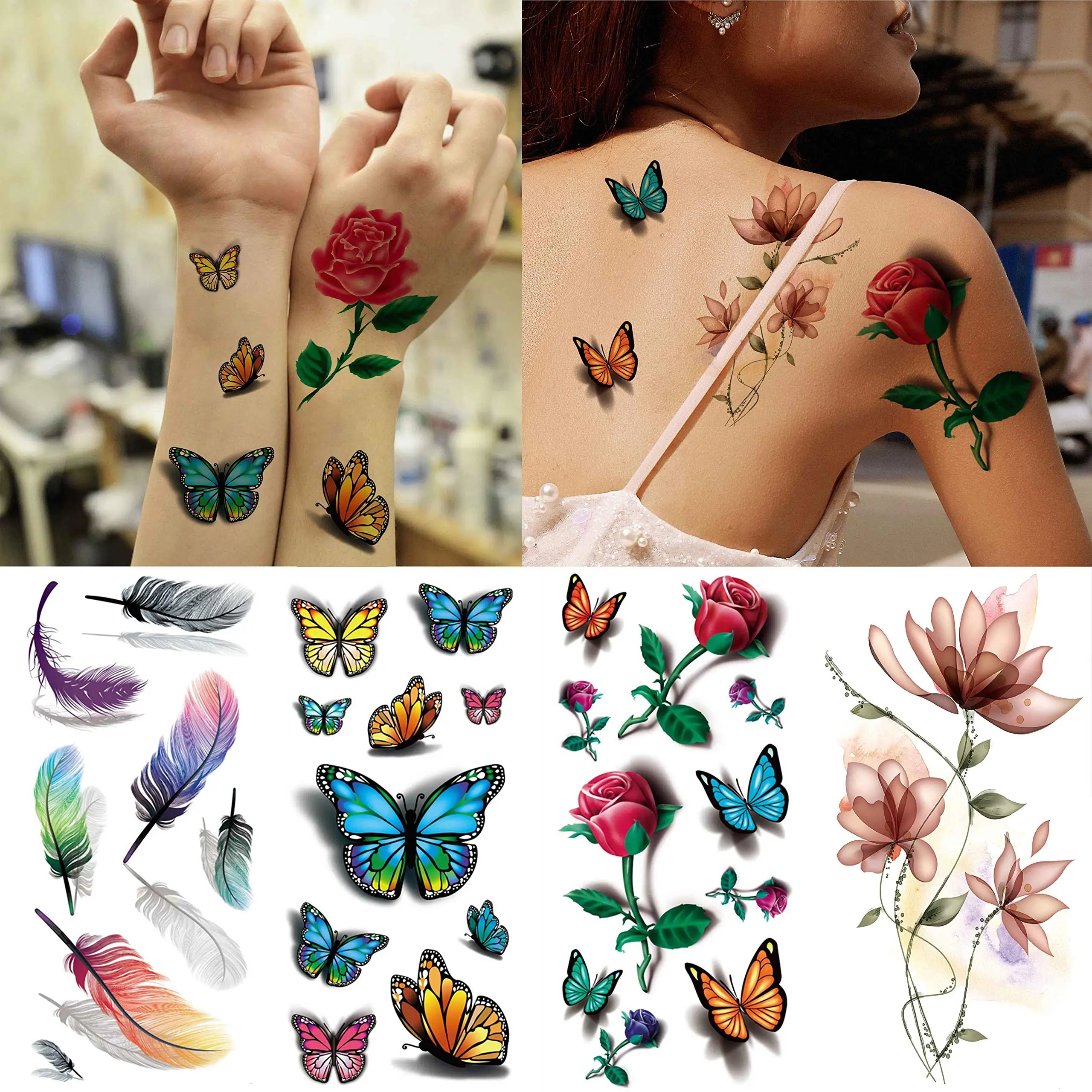Butterfly Face Tattoo Kids 3D Removable Waterproof Temporary Butterfly Flower Tattoo Stickers Temporary Tattoos