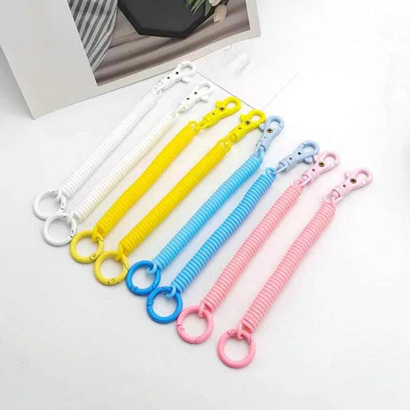 wholesale spiral retractable spring coil keychain stretch cord safety elastic rope key ring with lobster clap