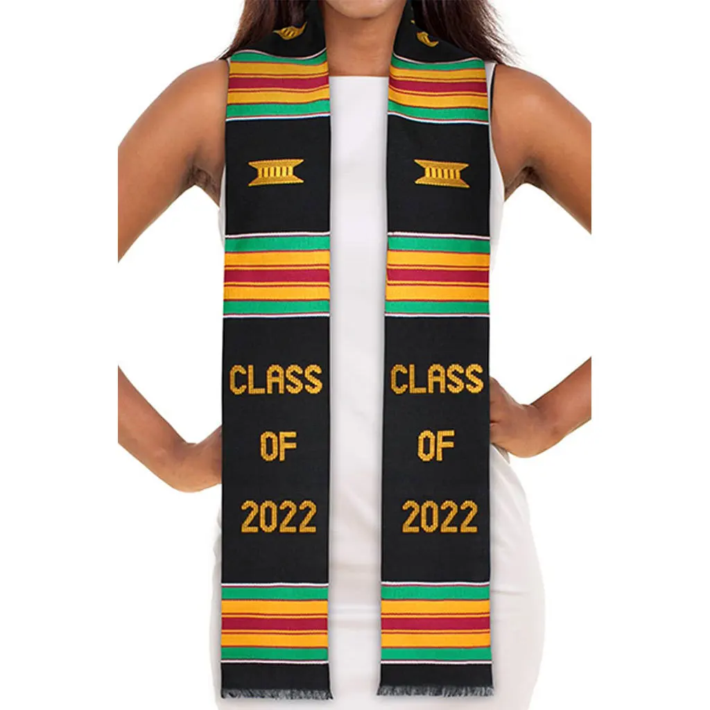 Custom Class 2024 African Black Girl Magic Class Authentic Handwoven Kente Cloth Graduation Stole with Gold Embroidery Letters