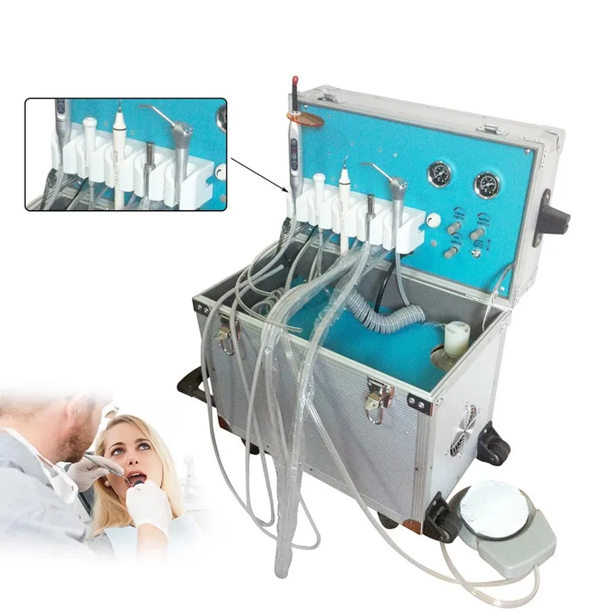Dentists Lab Mobile Dental Unit Portable Rolling Case Box with Oilless Air Compresor Mobile Clinic Dental Equipment