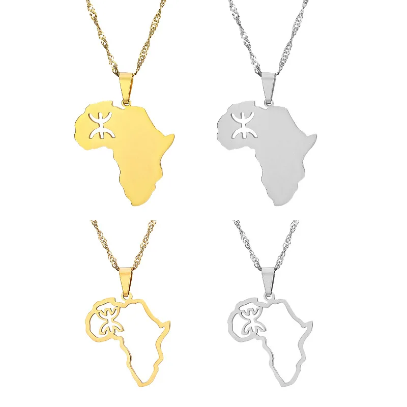New Africa Map Berbers Pendant Necklaces Stainless Steel Gold/Steel Color African Berber Symbol Jewelry for Women Men Gift