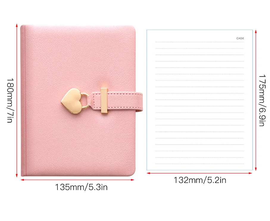B6 Kawaii Diary Heart Lock Diary with lock and key PU Secret Notebook Retro Travel Liner Paper Heart lock Diary