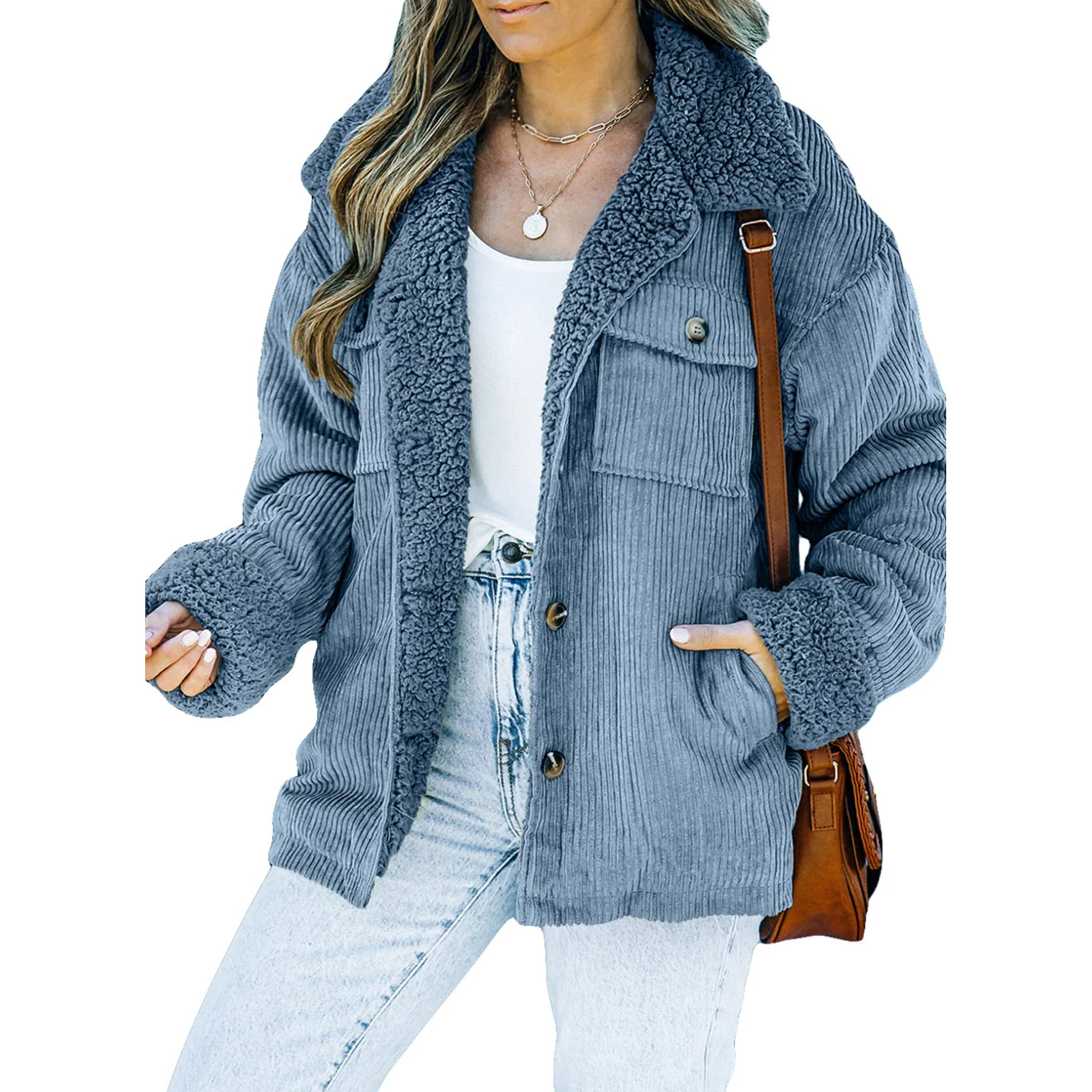 Corduroy Sherpa Jacket for Women Button Down Fleece Fur Collar Winter Warm Coat