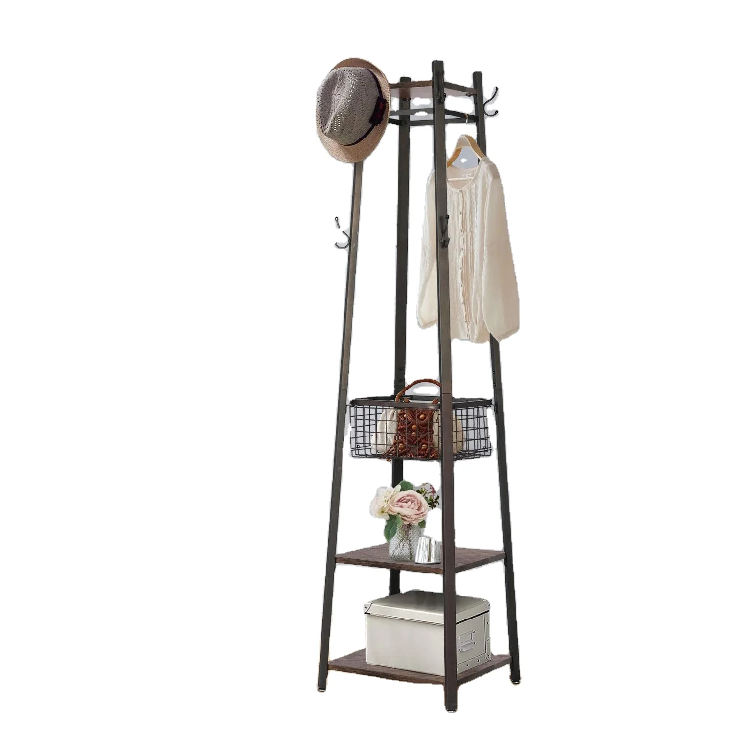 
Combohome Industrial Coat Rack Enterway Clothes Stand with 2 Tier Storage Shelves Basket 
