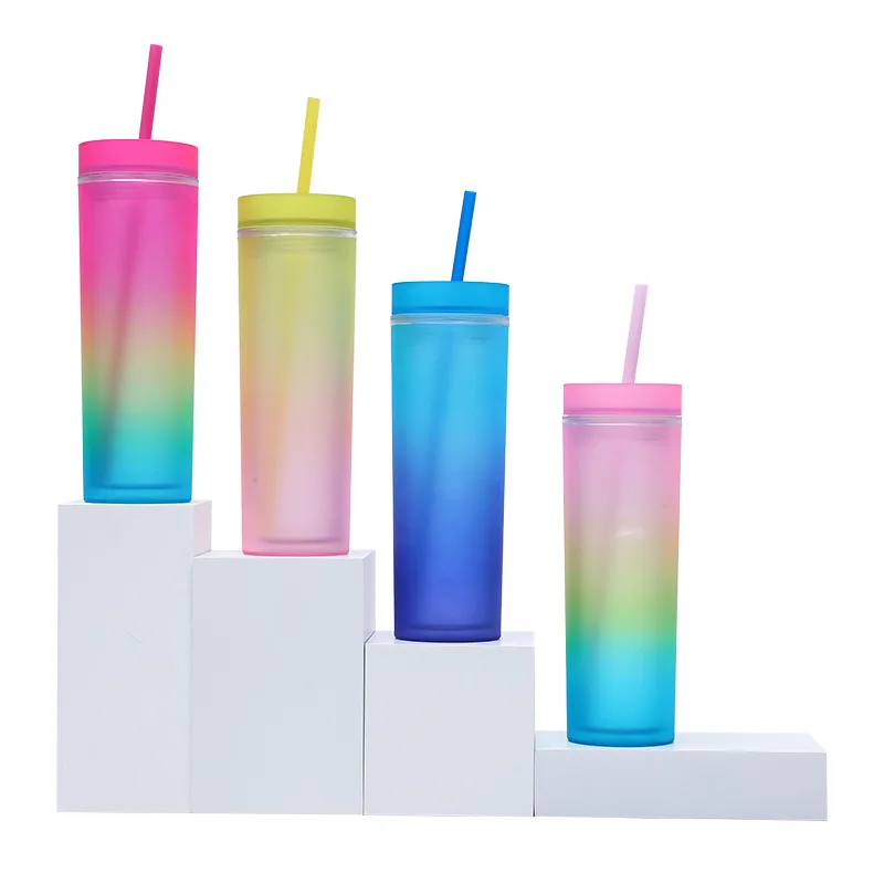 Trending Products 16oz Gradient colors Double Wall Plastic Tumbler with Lid and Straw