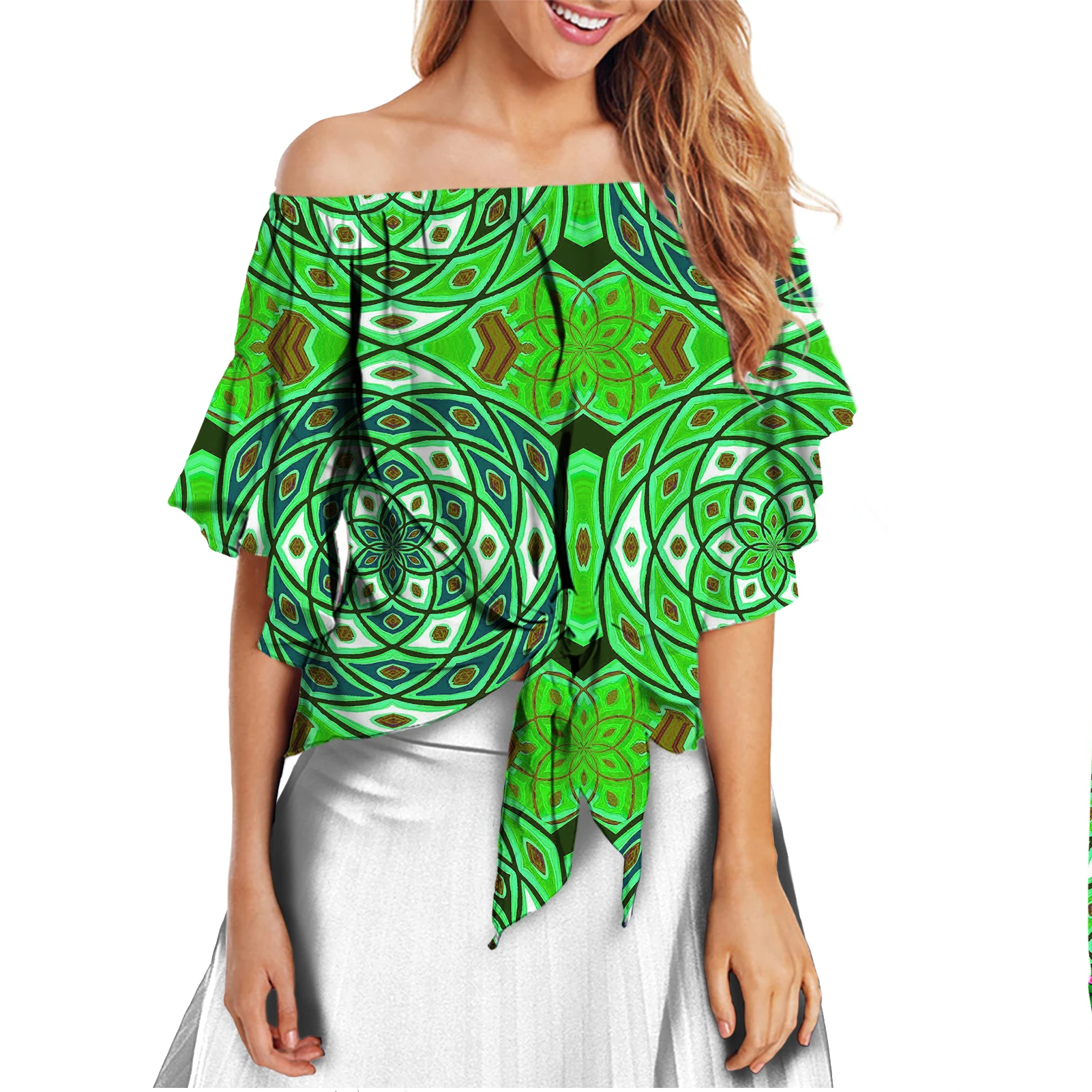 
Womens Striped Blouses Flared Bell Sleeve Shirts Blue Red Off The Shoulder Tops Floral Printed Summer Tie Knot T Shirt 