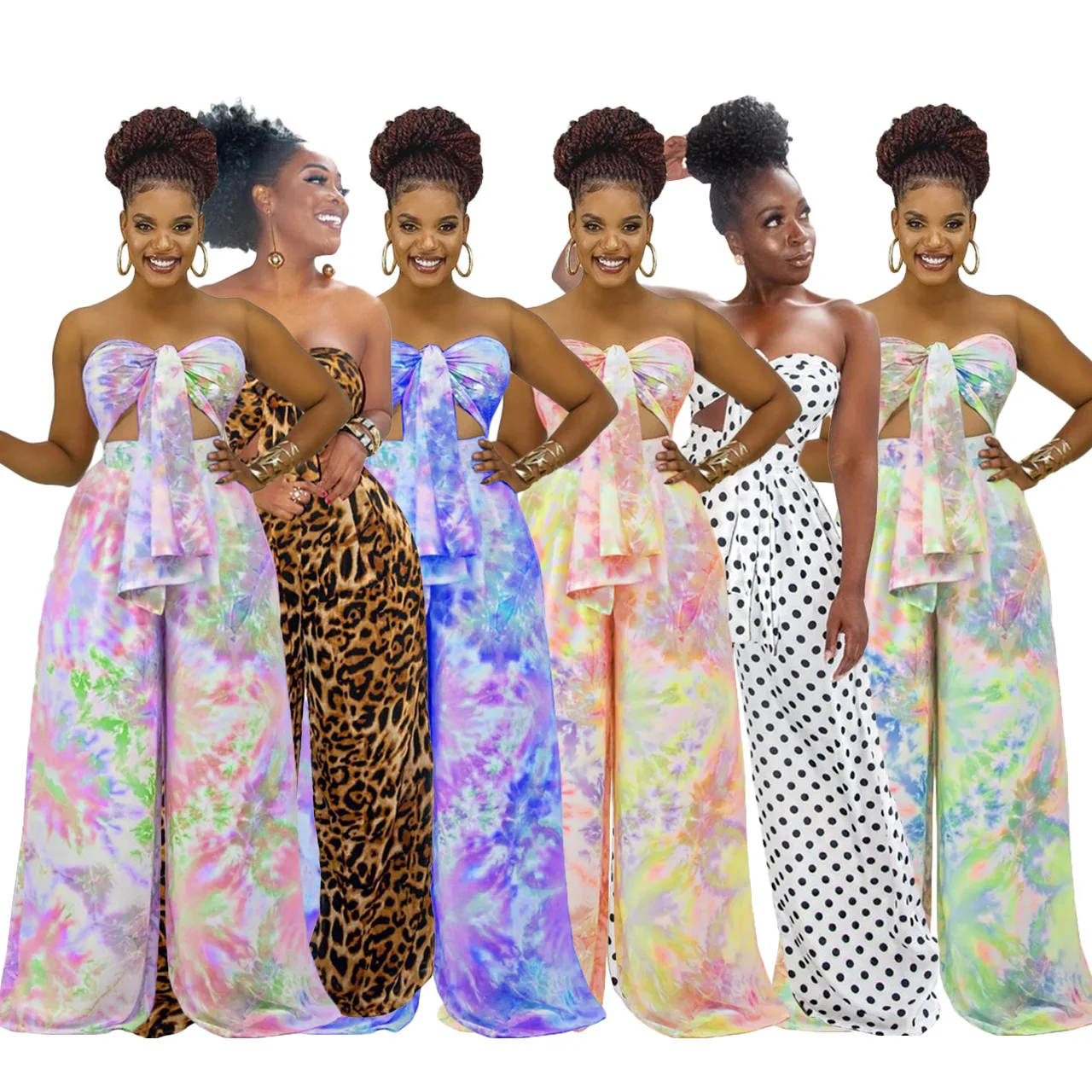 2021 New Arrival Fashion Polka Dot Printed Wrapped Top and Wide Leg Pants Set for Woman