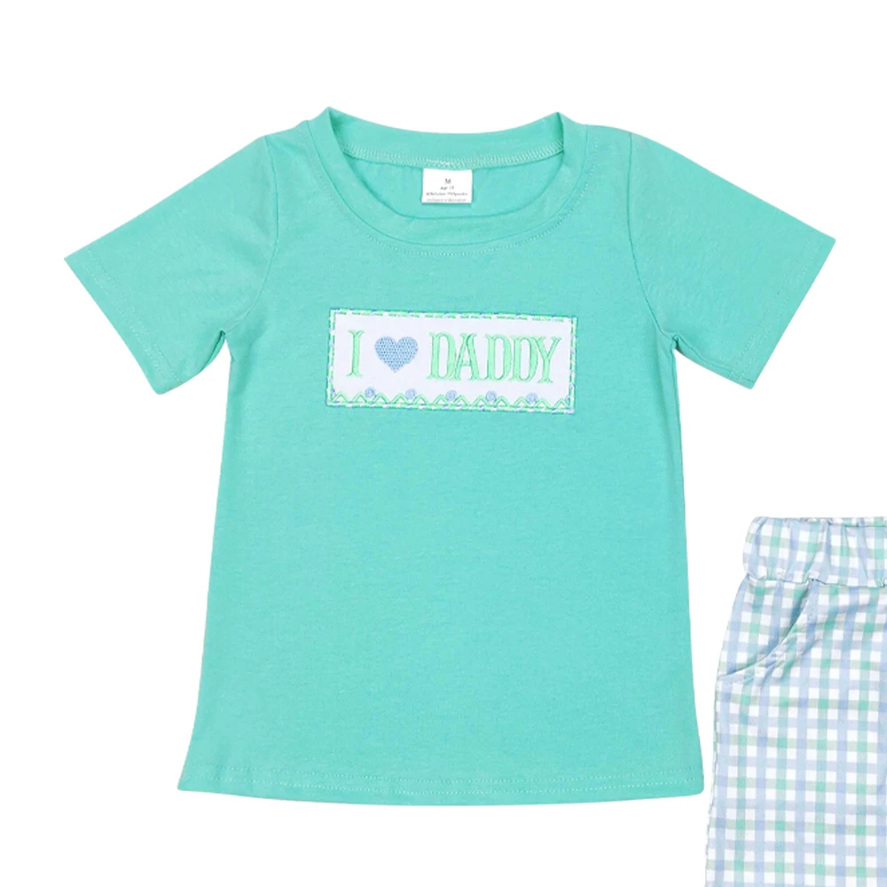 Boys clothes mint green short sleeves embroidery I love Daddy blue plaid shorts wholesale boys clothes boutique suits low price