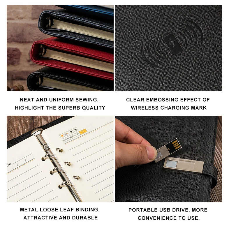 A5 Size Notebook 5w Wireless 10000mah Charging Power Bank Diary Planner Notebook With Lighting Logo and USB