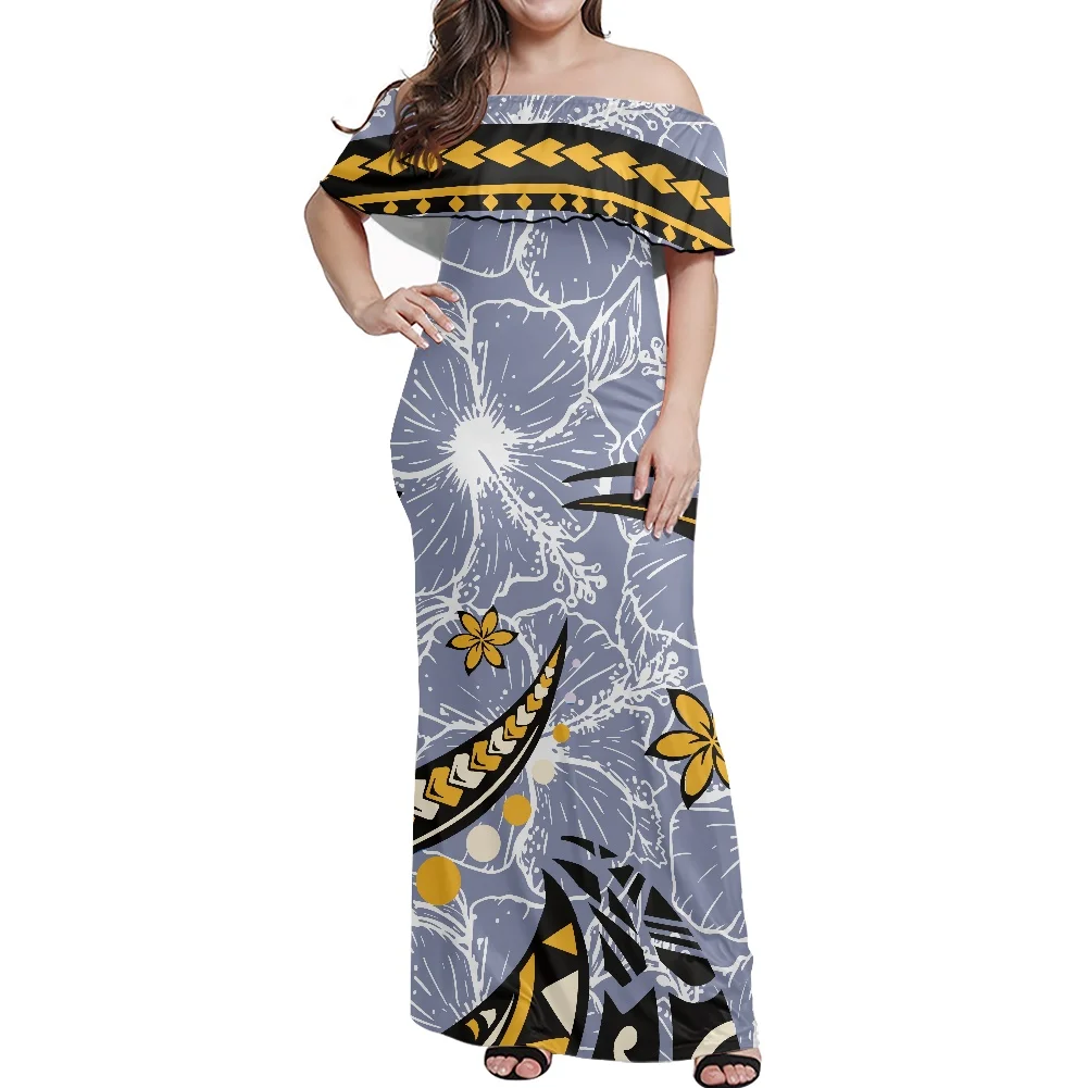 Hawaiian Tribal Tattoo Pattern Off The Shoulder Wedding Dress Short Sleeve Bodycon Evening Dress Party Long Maxi Dress Beach
