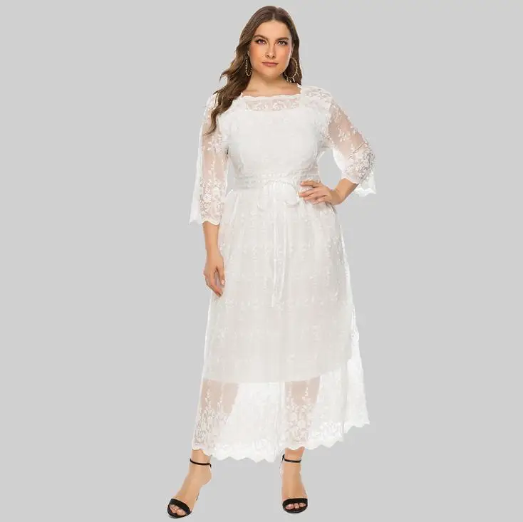 Spring Fashion Long Sleeve Elegant Wedding Plus Size Lace Maxi Dress