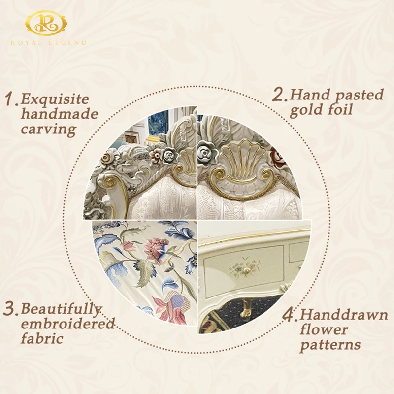 Engraved Castle Sofa Set Queen Anne Style Wooden Living Room Furniture Unique Floral Design Solid Wood Carved 3 Seater Sofa