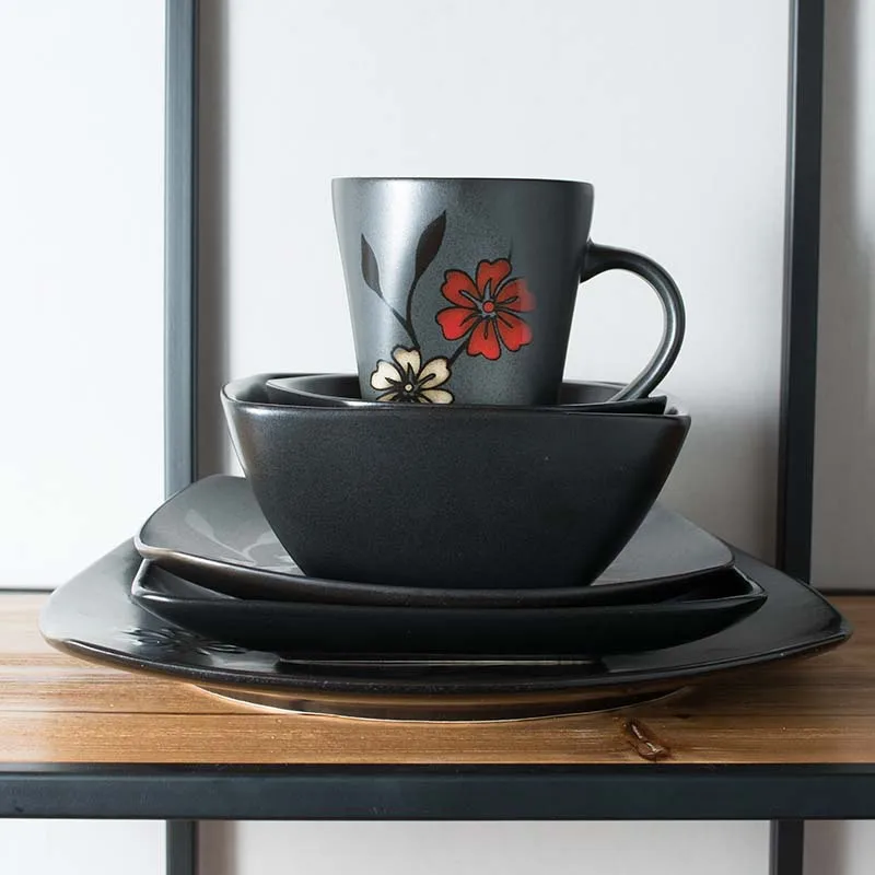 Manufacturers Wholesale Japanese Black Red Hand Made Ceramic Tableware Set Innovate Plate and Cups