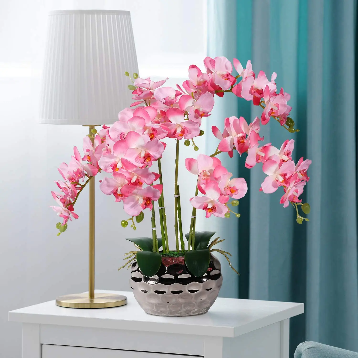 Artificial Orchid in silver Vase White Faux Orchid Plant in Gold Pot  Flower Arrangement White Flowers