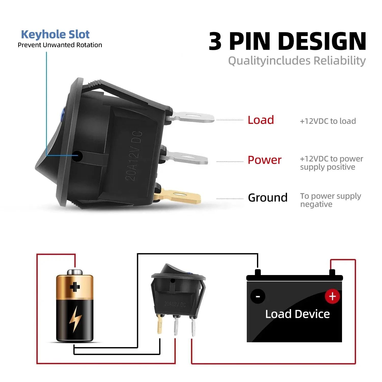 12V-20A round Blue LED SPST Toggle Rocker Switch Max Voltage 250v