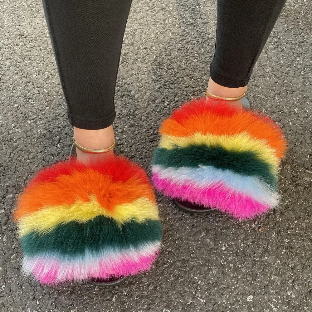 
Wholesale Custom Logo Outdoor ladies Slides Colorful 100% Fluffy Fox Fur Slipper For Women 
