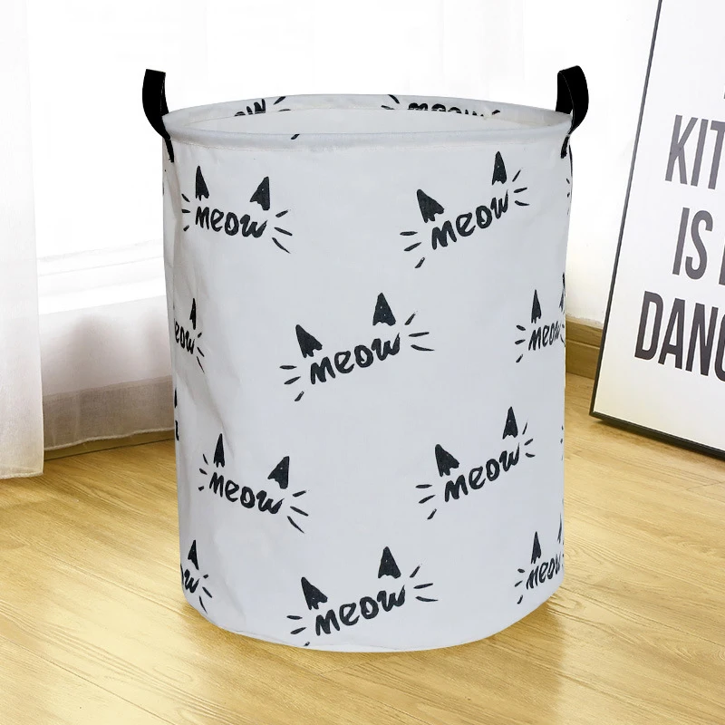 Folding Canvas Black White Printed Cotton Waterproof Collapsible Toy Organizer Clothes Laundry Storage Basket Bins with Handle