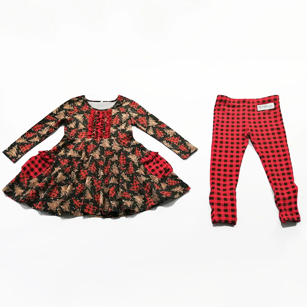 Red Black Plaid Autumn Clothes Bow Leggings Sets Little Girls Christmas Outfit Print Tunic Set for Children