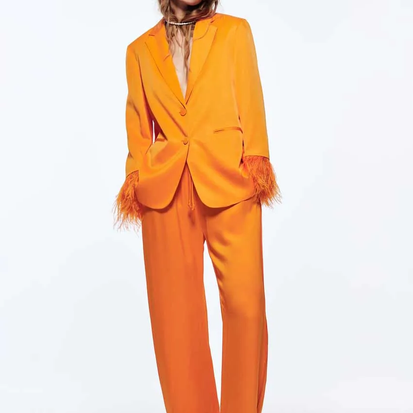 custom winter clothing women Satin effect  Long sleeves with removable tonal feathers blazers ladies women