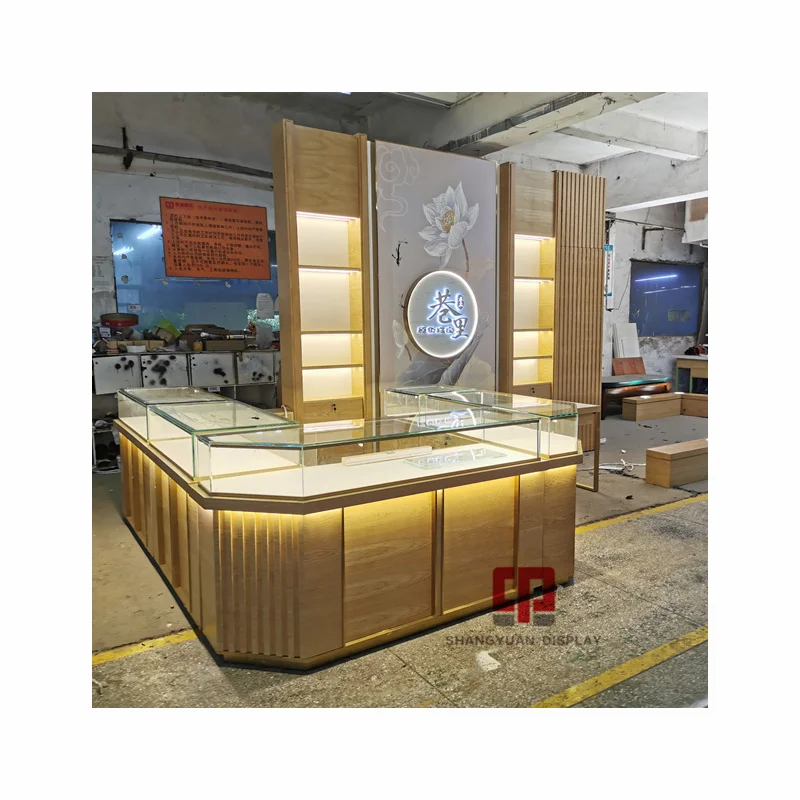 Chinese Style Jade Jewelry Kiosk High-End Wooden Glass Showcase Wood Grain Finish Jewelry Display Counter Customization