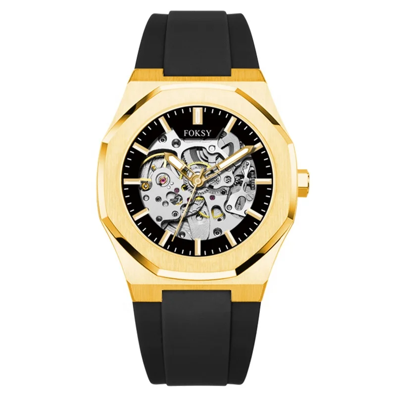 Hot Sell Gold Case Custom Skeleton Dial Automatic Wrist Watch Men Black Silicone Strap Watch