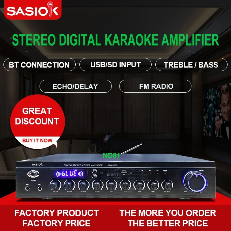 ND81 160W 2.0 channel Mic. echo/delay digital stereo karaoke amplifier with BT/USB/SD/MMC/AUX/FM radio/LED display functions.