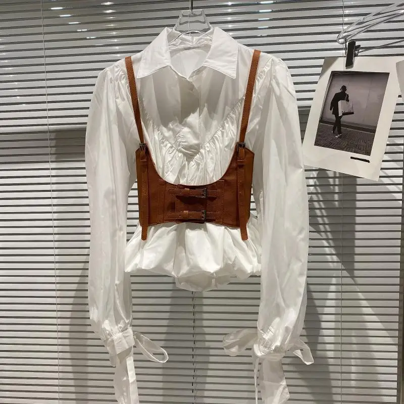 High Quality Wholesale Autumn New Design PU Corset Vest Shirt High Waist Sling Camisole Bow Cuff Shirt Two-Piece Blouse Set
