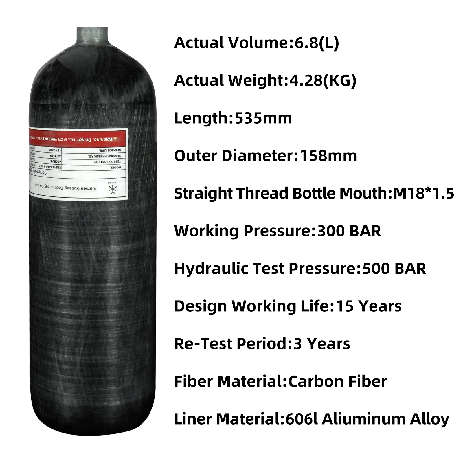 TUXING Factory Wholesale Customized 6.8L 30mpa 300bar 4500psi HPA Breathing Compressed Gas Bottle Cylinder Carbon Fiber Air Tank