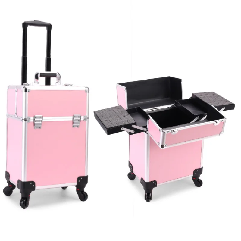 Makeup Train Organizer Cosmetic Train Suitcase with 4 Wheels Aluminum Rolling Makeup Cosmetic Beauty Case