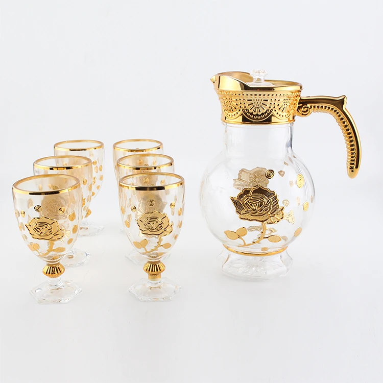 New Wholesale Golden Water Jug Glass Water Set 7pcs glass tumbler jug Pitcher Set With Lid glass water set