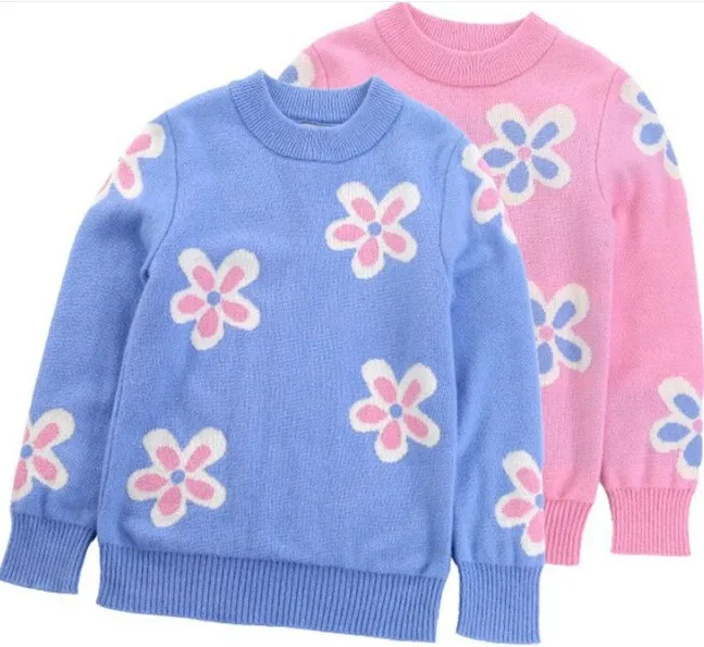 
2021 custom baby girls trendy stylish crew neck blue pink floral flower pullover sweater 