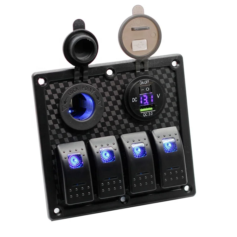 QC3.0 USB Charger Voltmeter 12V-24V DC Rocker Switch with Cigarette lighter socket 4 Gang Rocker Switch Panel