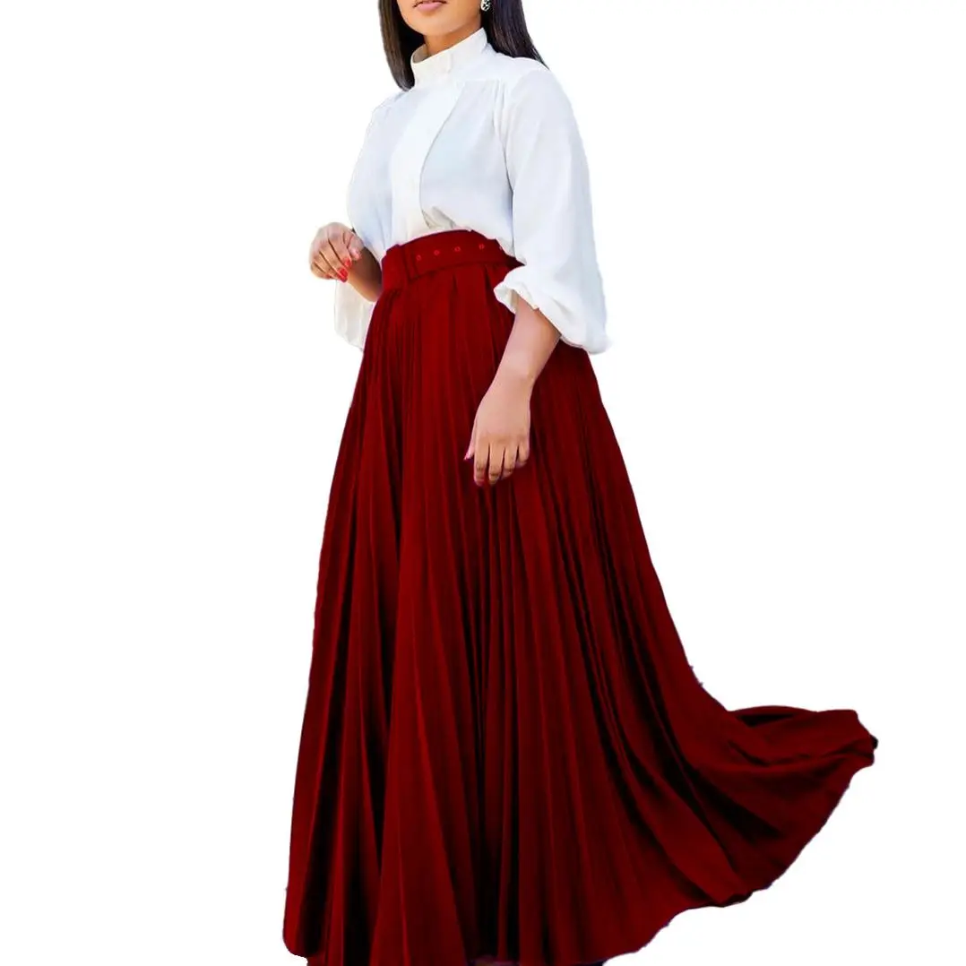 3SD51Hot Sale Plus Size Solid Color High Waist Pleated Skirt For Women Dresses